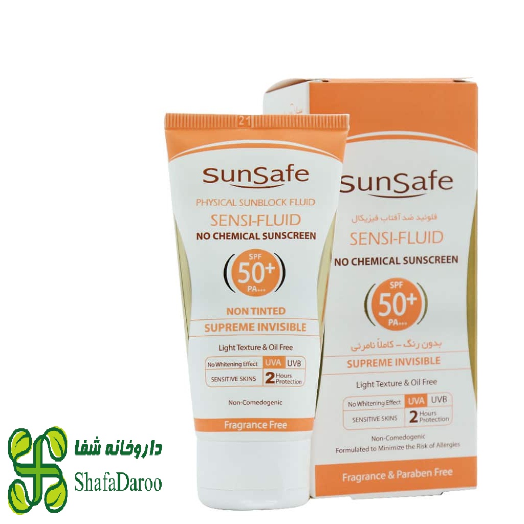 فلوئید ضد آفتاب spf50 فیزیکال مخصوص پوست های حساس و مستعد به قرمزی سان سیف